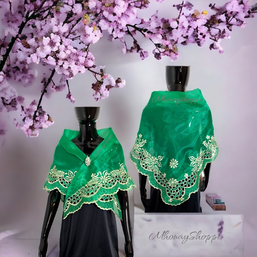 Emerald Green-Handmade Filipino Alampay Shawl – Organza Cutwork Embroidery w/ Br